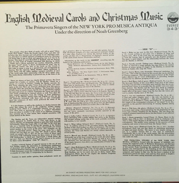 The New York Pro Musica Antiqua*, The Primavera Singers : English Medieval Carols And Christmas Music (LP, Album)