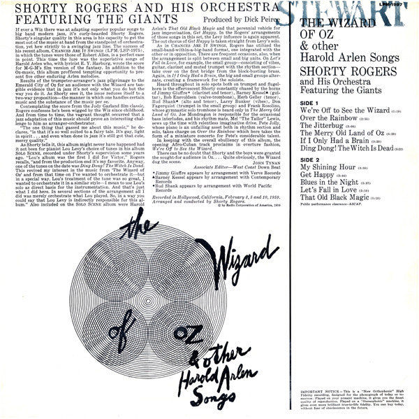 Shorty Rogers And His Orchestra Featuring The Giants (3) : The Wizard Of Oz And Other Harold Arlen Songs (LP, Album, Mono)