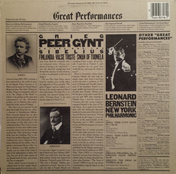 Grieg* / Sibelius* - Bernstein*, New York Philharmonic : Peer Gynt Suites No. 1 & 2 / Valse Triste, Finlandia, The Swan Of Tuonela (LP, Album)