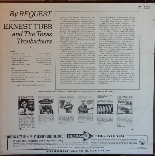 Ernest Tubb And The Texas Troubadours : By Request (LP, Album, Pin)