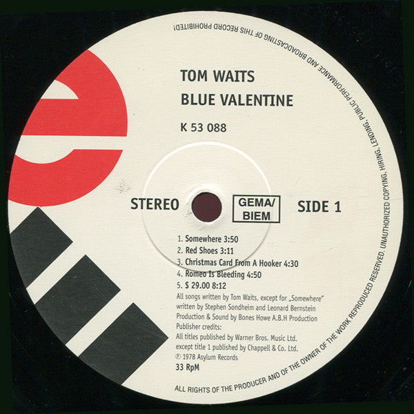 Tom Waits : Blue Valentine (LP, Album, RE, RP, Gat)