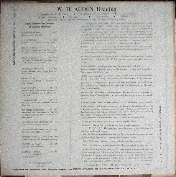 W. H. Auden : Reading From His Works (LP, Mono)