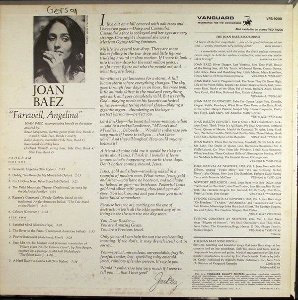 Joan Baez : Farewell, Angelina (LP, Album, Mono, Pit)