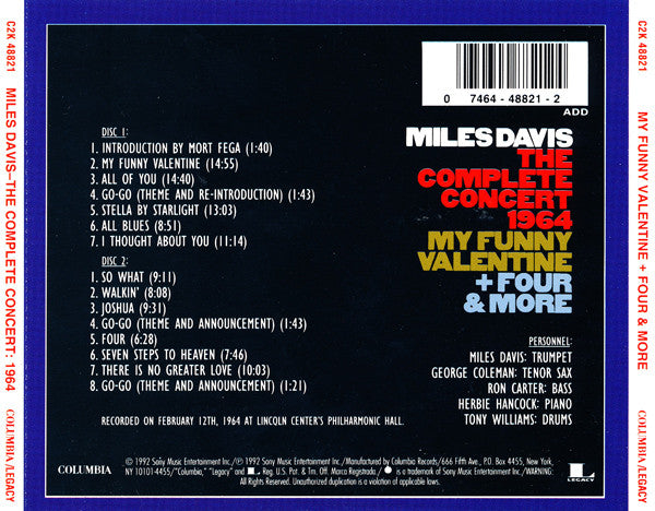 Miles Davis : The Complete Concert 1964 - My Funny Valentine + Four & More (2xCD, Comp, RM)