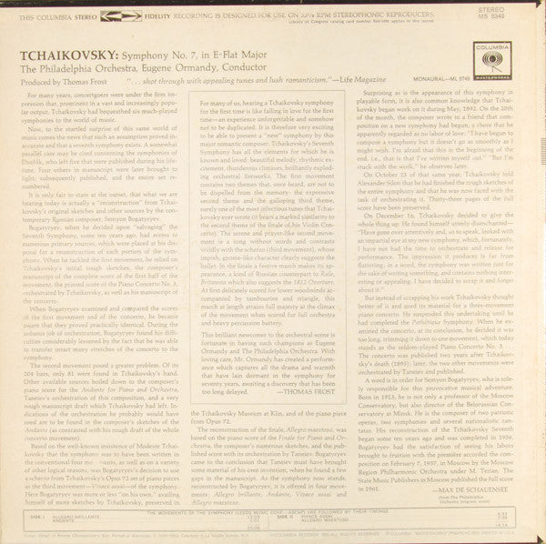 The Philadelphia Orchestra, Eugene Ormandy, Tchaikovsky* : Symphony No. 7 In E-Flat Major (LP)