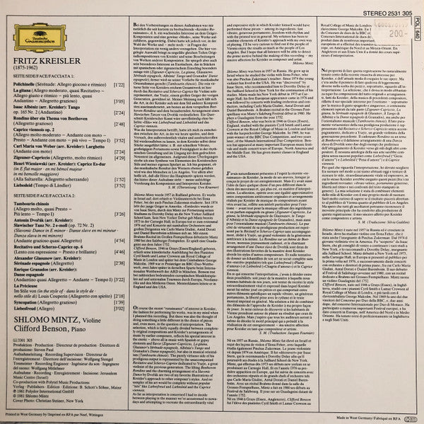 Fritz Kreisler - Shlomo Mintz, Clifford Benson : Recital (Liebesfreud, Liebesleid...) (LP)