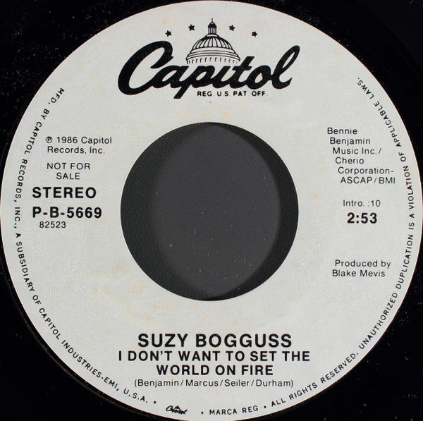 Suzy Bogguss : I Don't Want To Set The World On Fire (7", Promo)