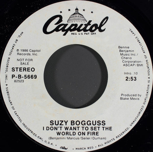 Suzy Bogguss : I Don't Want To Set The World On Fire (7", Promo)