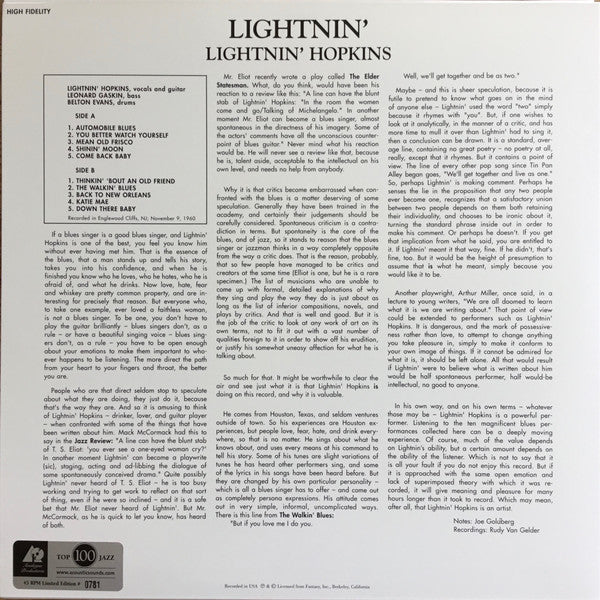 Lightnin' Hopkins : Lightnin' (The Blues Of Lightnin' Hopkins) ‎ (2x12", Album, Ltd, Num, RE, RM, 180)