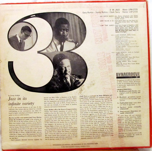 Gary Burton / Sonny Rollins / Clark Terry : 3 In Jazz (LP, Album, Mono)