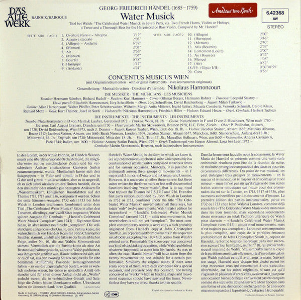 Georg Friedrich Händel, Concentus Musicus*, Nikolaus Harnoncourt : Water Musick (LP)