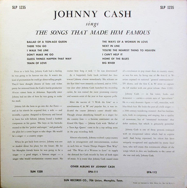Johnny Cash : Sings The Songs That Made Him Famous (LP, Album, Mono)