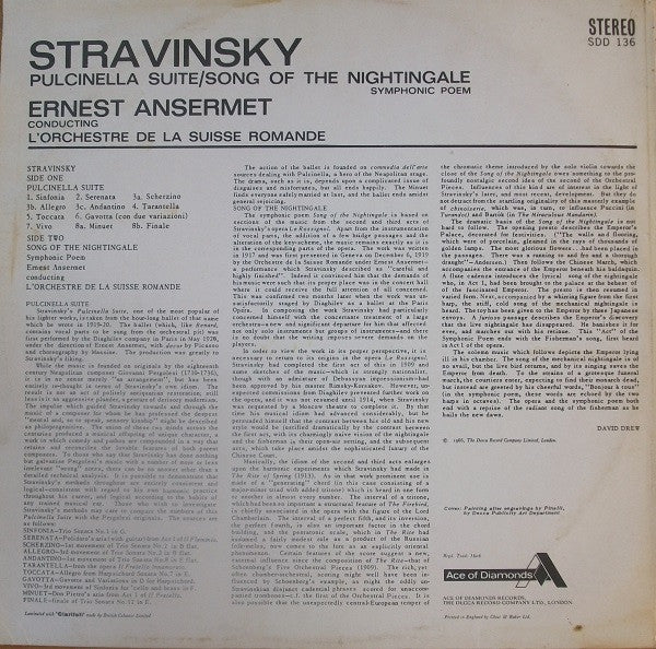 Stravinsky* - Ernest Ansermet, L'Orchestre De La Suisse Romande : Pulcinella Suite / Song Of The Nightingale  (LP, Album, RE, gro)