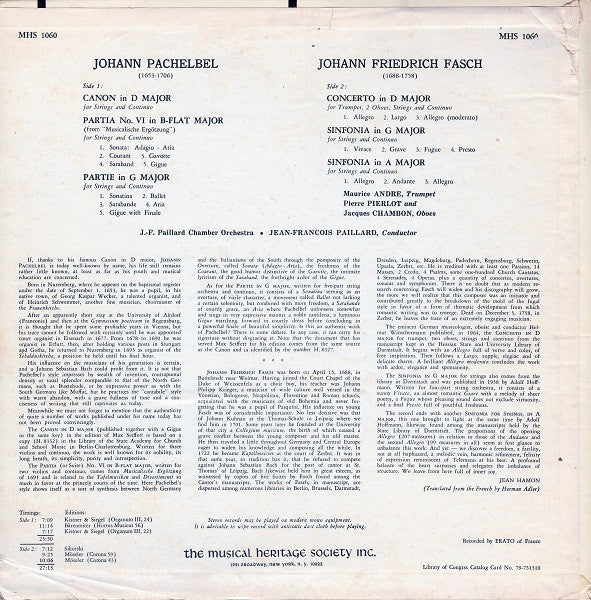 Johann Pachelbel, Johann Friedrich Fasch, Maurice André, Pierre Pierlot, Jacques Chambon, Jean-François Paillard Conductor Of The J.-F. Paillard Chamber Orchestra* : Canon In D Major / Partia No. VI In B-Flat Major / Partie In G Major / Trumpet Concerto In D Major / Sinfonia In G Major / Sinfonia In A Major (LP, Album)