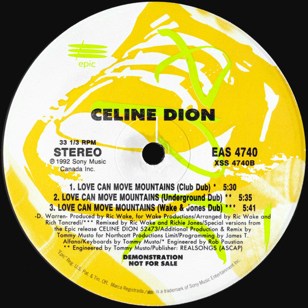 Celine Dion* : Love Can Move Mountains (12", Promo)