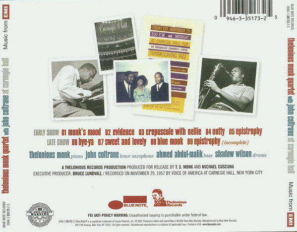 Thelonious Monk Quartet* With John Coltrane : At Carnegie Hall (CD, Album)
