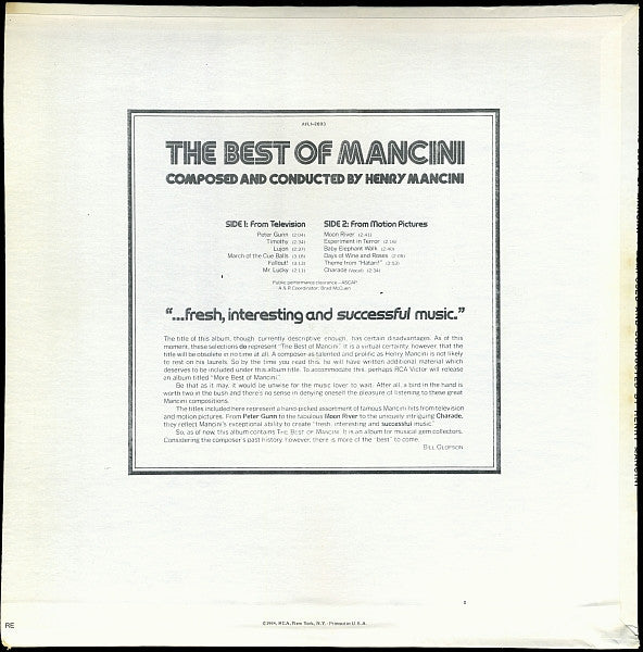 Henry Mancini : The Best Of Mancini (LP, Comp, RE)