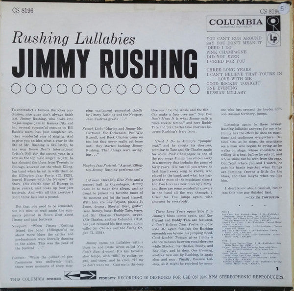 Jimmy Rushing : Rushing Lullabies (LP, Album)