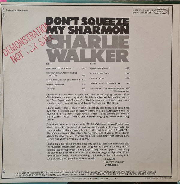 Charlie Walker (2) : Don't Squeeze My Sharmon (LP)