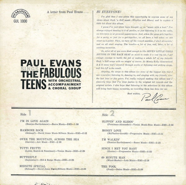 Paul Evans : Paul Evans Sings The Fabulous Teens (LP, Album, Mono)