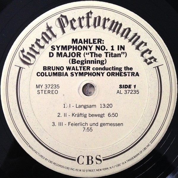Mahler* - Bruno Walter, Columbia Symphony Orchestra : Mahler's 1st Symphony In D Major "Titan" (LP, Album, RE, RM)