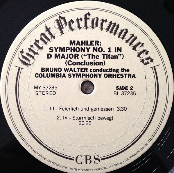 Mahler* - Bruno Walter, Columbia Symphony Orchestra : Mahler's 1st Symphony In D Major "Titan" (LP, Album, RE, RM)