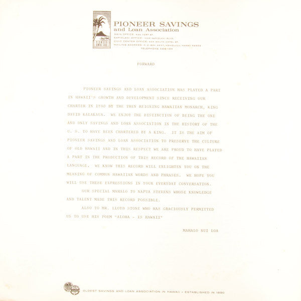 Napua Stevens : "Pehea Oe?" - Learn To Speak Hawaiian With Napua Stevens (LP)