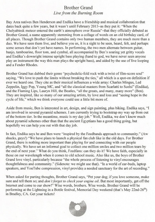 Brother Grand : Live From The Burning Room (LP, Album, Ltd, Num, Pur)