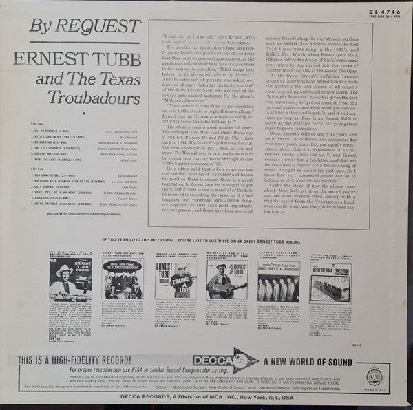 Ernest Tubb And The Texas Troubadours : By Request (LP, Album, Mono, Pin)