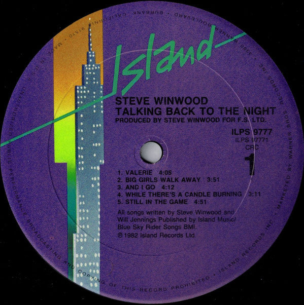 Steve Winwood : Talking Back To The Night (LP, Album, Club)