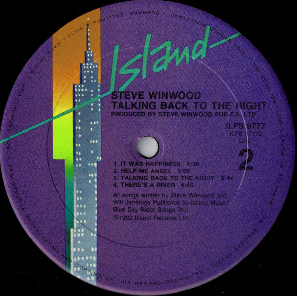 Steve Winwood : Talking Back To The Night (LP, Album, Club)