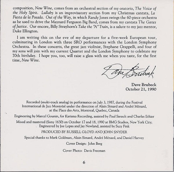 The Dave Brubeck Quartet With The Montreal International Jazz Festival Orchestra : New Wine (CD, Album)