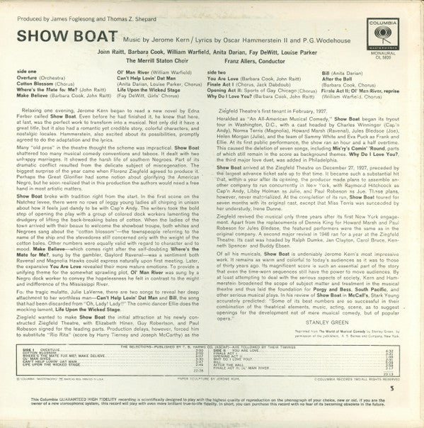 Jerome Kern , Lyrics By Oscar Hammerstein II And P.G. Wodehouse / With John Raitt, Barbara Cook, William Warfield, Anita Darian : Show Boat (LP, Album, Mono, RP, Pit)