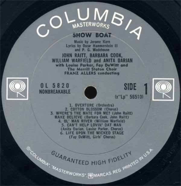 Jerome Kern , Lyrics By Oscar Hammerstein II And P.G. Wodehouse / With John Raitt, Barbara Cook, William Warfield, Anita Darian : Show Boat (LP, Album, Mono, RP, Pit)