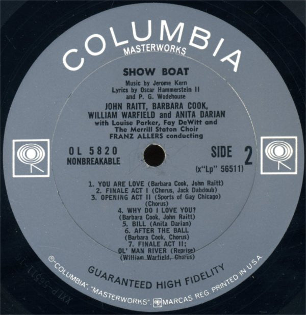 Jerome Kern , Lyrics By Oscar Hammerstein II And P.G. Wodehouse / With John Raitt, Barbara Cook, William Warfield, Anita Darian : Show Boat (LP, Album, Mono, RP, Pit)