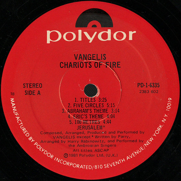 Vangelis : Chariots Of Fire (LP, Album, 18 )