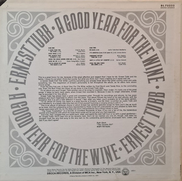 Ernest Tubb : A Good Year For The Wine (LP, Album, Pin)