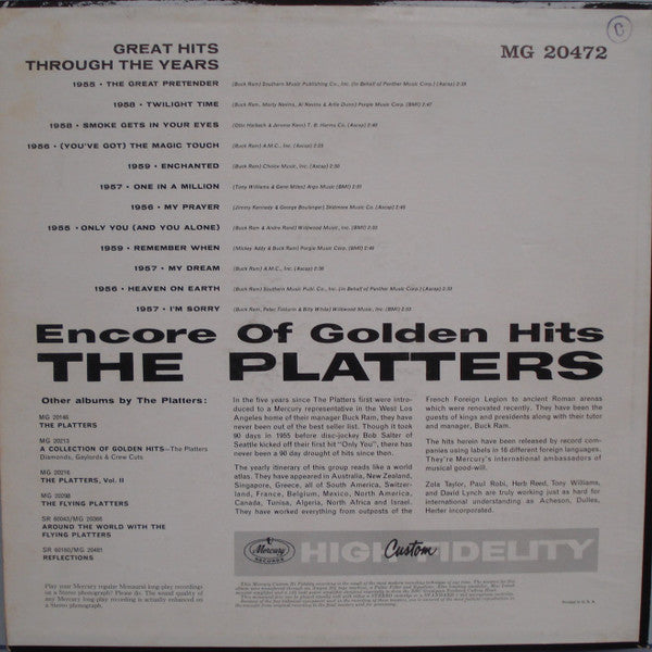 The Platters : Encore Of Golden Hits (LP, Comp, Mono, RP)