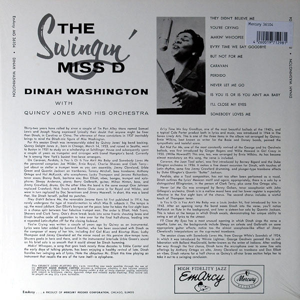 Dinah Washington With Quincy Jones And His Orchestra : The Swingin' Miss "D" (LP, Album, 180)