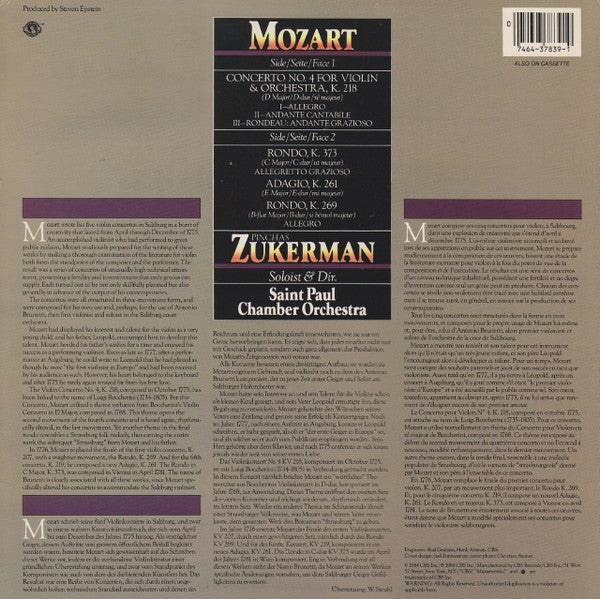 Mozart* - Pinchas Zukerman, Saint Paul Chamber Orchestra* : Violin Concerto No. 4, K. 218 (LP, Album)