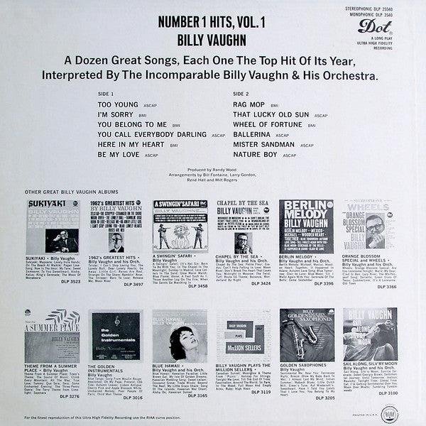 Billy Vaughn : Number 1 Hits, Vol. 1 (LP)