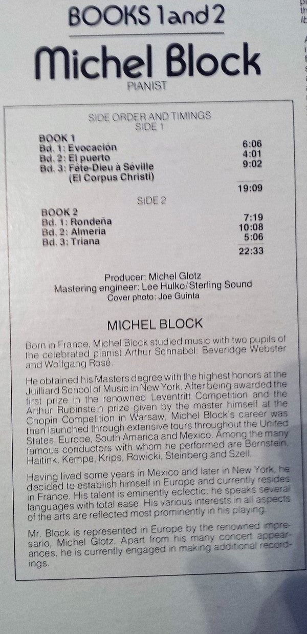 Michel Block / Albeniz* : Vol. I Iberia - Books 1 and 2 (LP, Album)