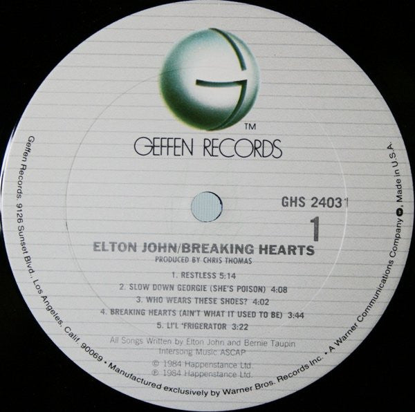 Elton John : Breaking Hearts (LP, Album, Club, Col)