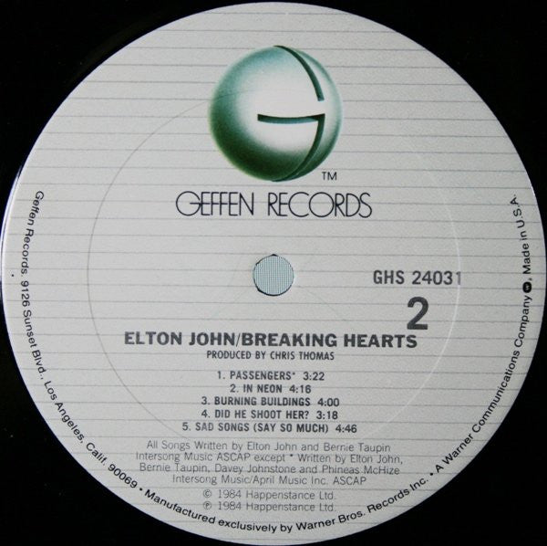 Elton John : Breaking Hearts (LP, Album, Club, Col)