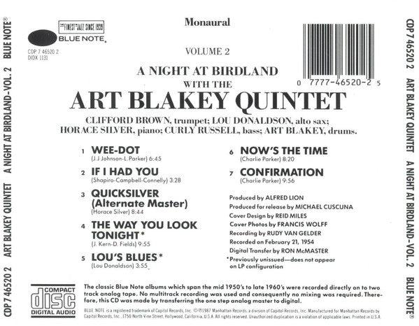 Art Blakey Quintet : A Night At Birdland • Volume 2 (CD, Album, Mono, RE)