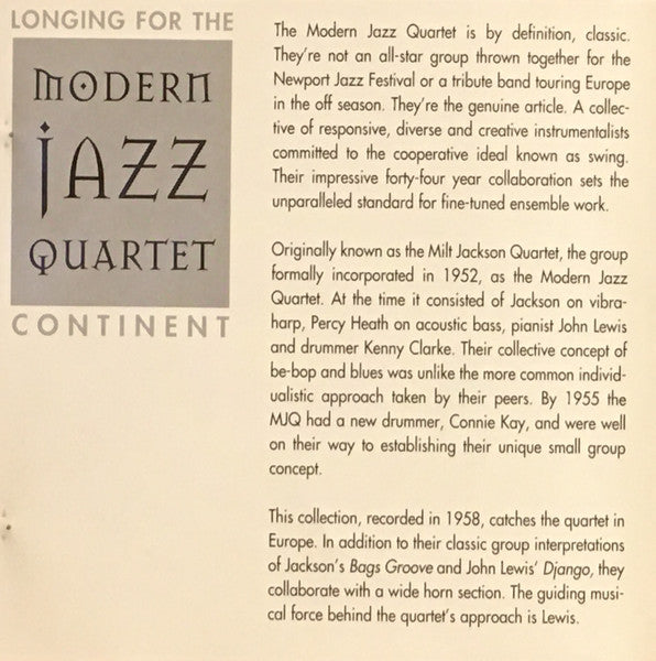 The Modern Jazz Quartet : Longing For The Continent (CD, Album, RE)