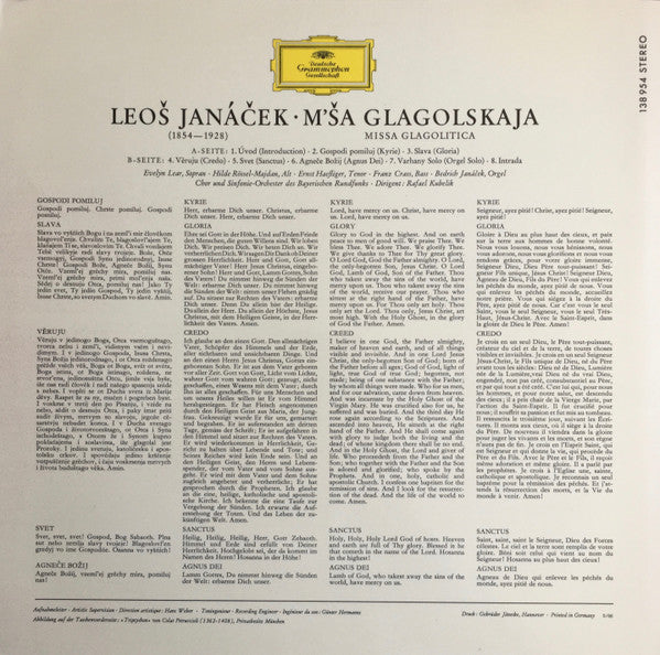 Leoš Janáček - Evelyn Lear • Hilde Rössel-Majdan • Ernst Haefliger • Franz Crass, Chor* Und Sinfonie-Orchester Des Bayerischen Rundfunks* • Rafael Kubelik : M´ša Glagolskaja = Missa Glagolitica (LP)
