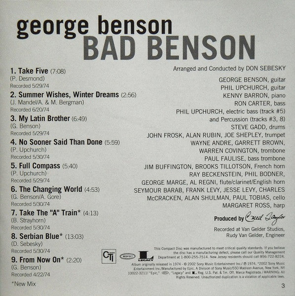 George Benson : Bad Benson (CD, Album, RE, RM)