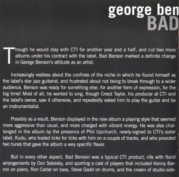 George Benson : Bad Benson (CD, Album, RE, RM)