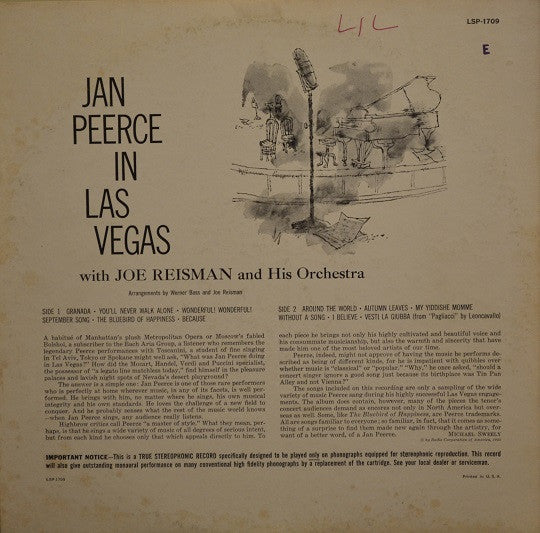 Jan Peerce With Joe Reisman And His Orchestra : Jan Peerce In Las Vegas (LP, Album)